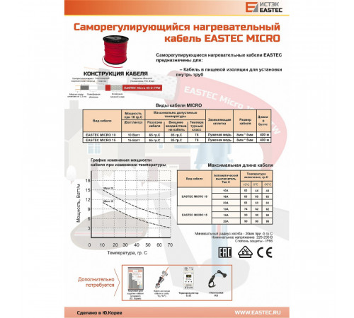 Греющий кабель c пищевой оболочкой внутрь трубы EASTEC MICRO 10 - CTW (10 Вт)